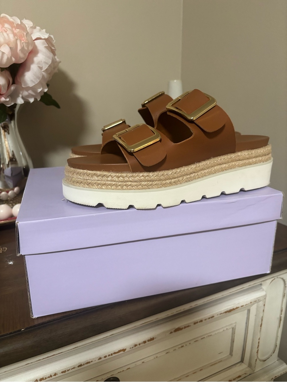 Madden girl Brown Double-Buckle Platform Slide Sandals
